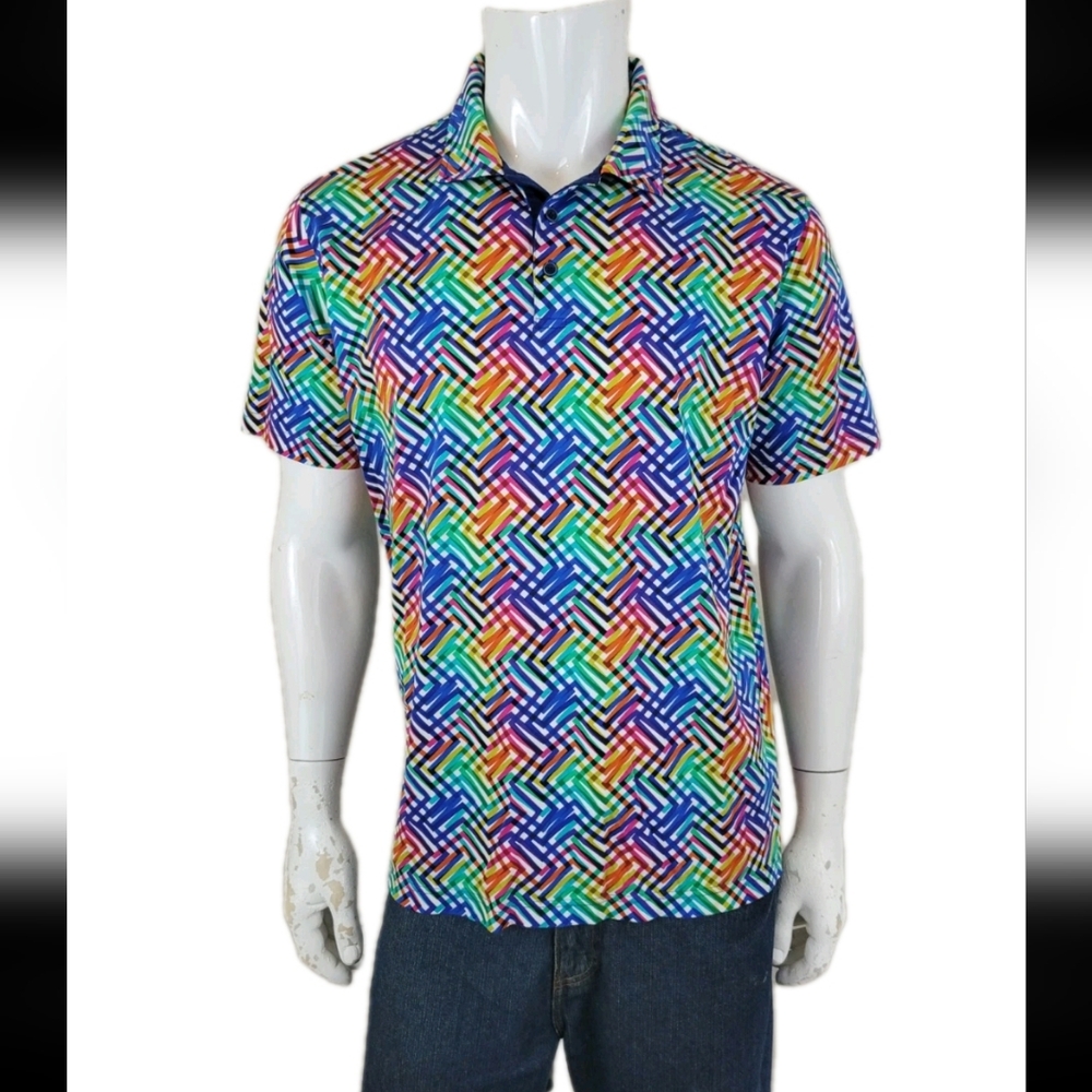 Men's BUGATCHI Polo Shirt Colorful Abstract Art Mercerized Cotton Size XL New